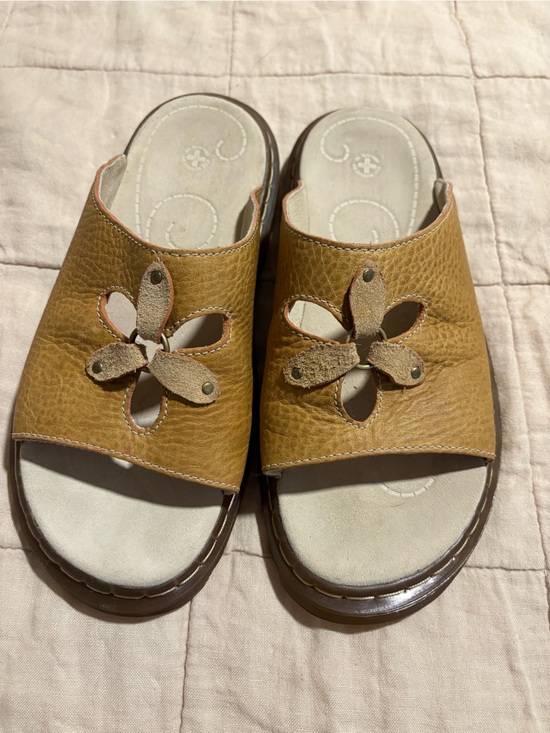 Dr. Martens Shoes - Dr. Martens Tan Floral Cutout Slide Mules